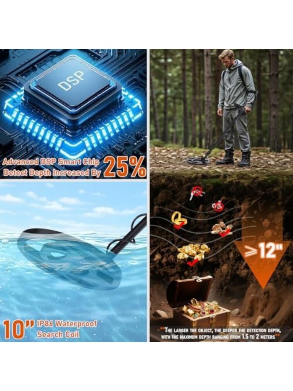 Professional Metal Detector for Adults, Waterproof 10" Coil, LCD Display, 5 - Picture 6 of 6